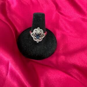 NEW Sterling‎ Silver Floral Marcasite Ring with blue Oval Stone Size 8